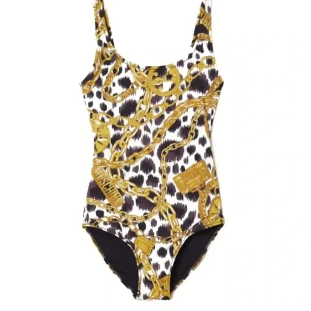 Moschino x H&M Swimsuit One Piece Bathing Suit Gold Chain Animal Black Size 8